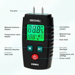 Erickhill EWM03 kompakti puun kosteusmittari tarkka kannettava monitoiminen taustavalaistu näyttö automaattinen virrankatkaisu