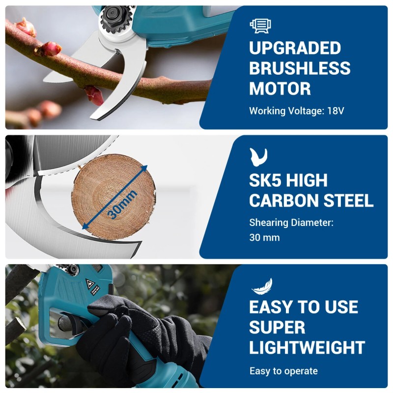 Sähköiset oksasakset harjattomalla moottorilla SK5-hiiliteräs 30 mm 18V-akku säädettävät vaihteet kevyt muotoilu