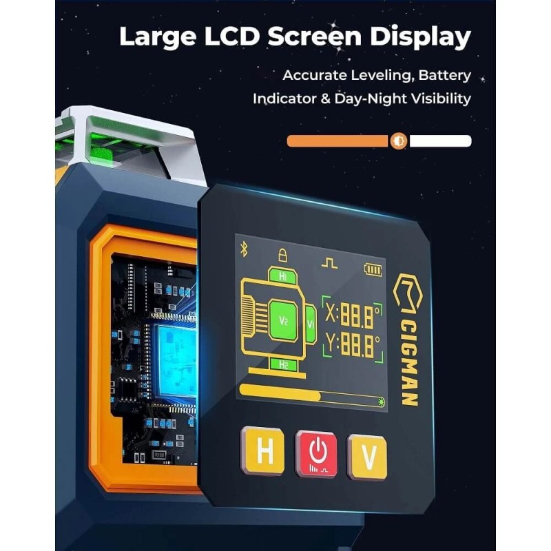 CIGMAN CM-S04 16-viivainen vihreäsäteinen lasertaso 4x360° itsevaaittuva LCD-näyttö 30m ladattava akku IP54 pulssitila