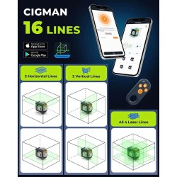 CIGMAN CM-S04 16-viivainen vihreäsäteinen lasertaso 4x360° itsevaaittuva LCD-näyttö 30m ladattava akku IP54 pulssitila