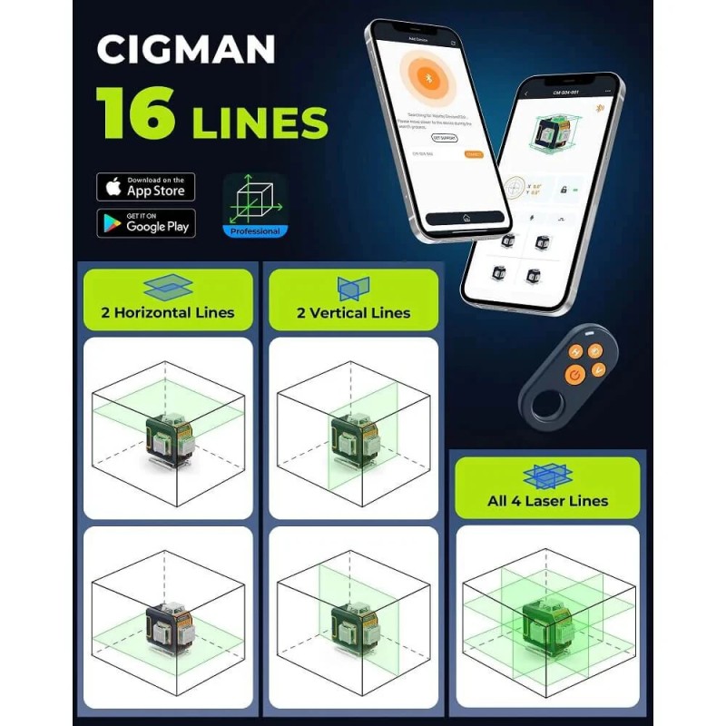 CIGMAN CM-S04 16-viivainen vihreäsäteinen lasertaso 4x360° itsevaaittuva LCD-näyttö 30m ladattava akku IP54 pulssitila