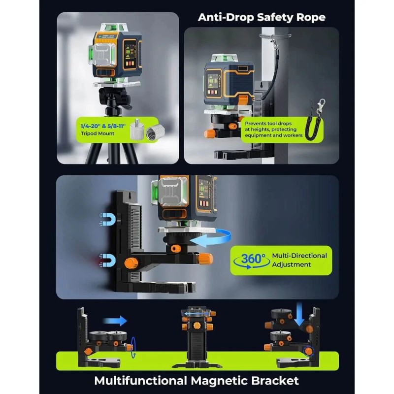 CIGMAN CM-S04 16-viivainen vihreäsäteinen lasertaso 4x360° itsevaaittuva LCD-näyttö 30m ladattava akku IP54 pulssitila