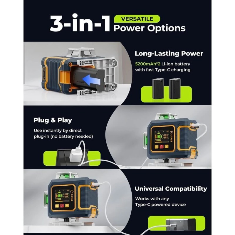 CIGMAN CM-S04 16-viivainen vihreäsäteinen lasertaso 4x360° itsevaaittuva LCD-näyttö 30m ladattava akku IP54 pulssitila