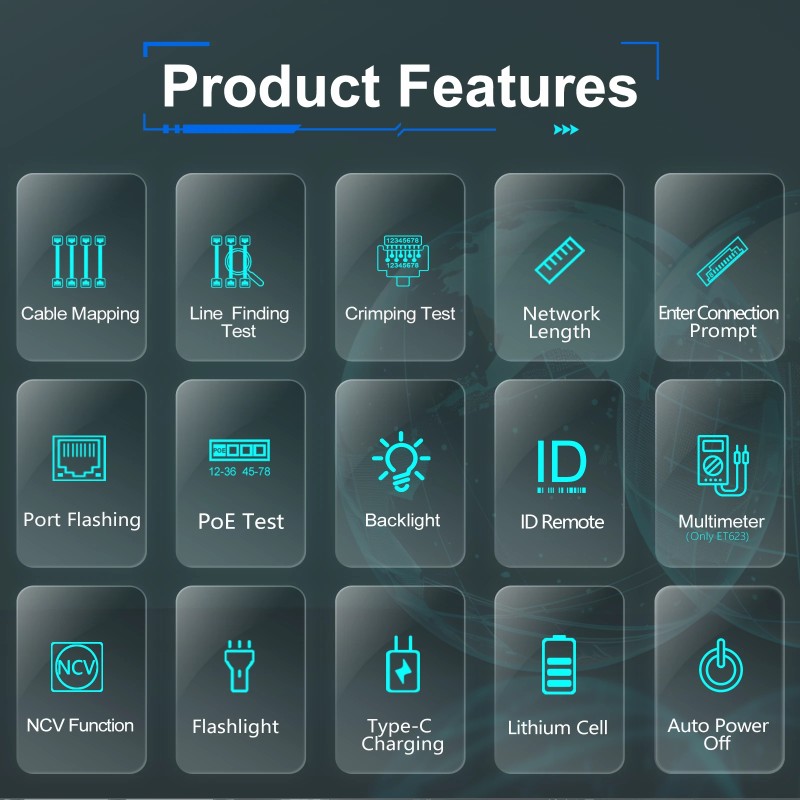 ET622 ET623 verkkokaapelitesteri ja yleismittari 6000-lukemainen värinäytöllä POE-testaus NCV-seuranta 400m-mittaus
