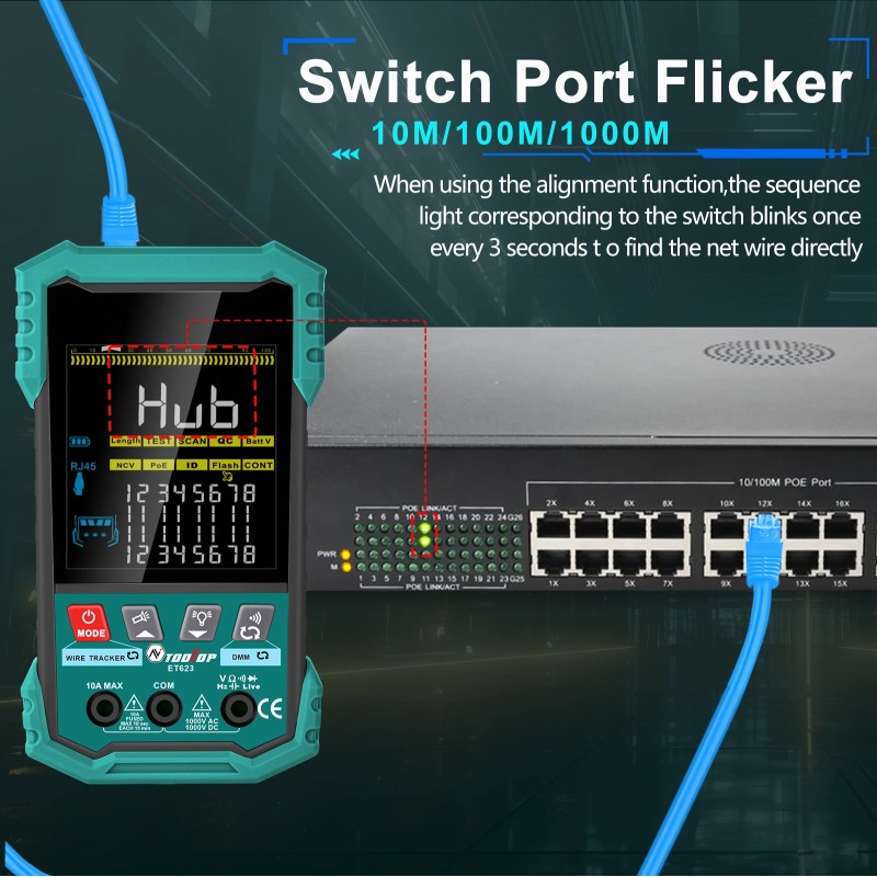 ET622 ET623 verkkokaapelitesteri ja yleismittari 6000-lukemainen värinäytöllä POE-testaus NCV-seuranta 400m-mittaus