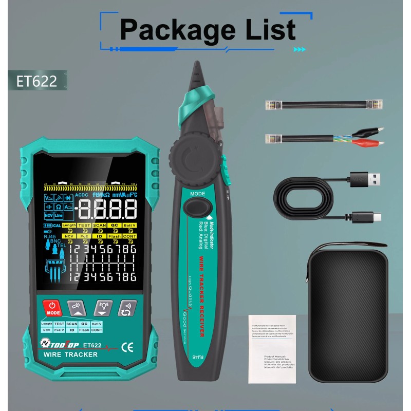 ET622 ET623 verkkokaapelitesteri ja yleismittari 6000-lukemainen värinäytöllä POE-testaus NCV-seuranta 400m-mittaus