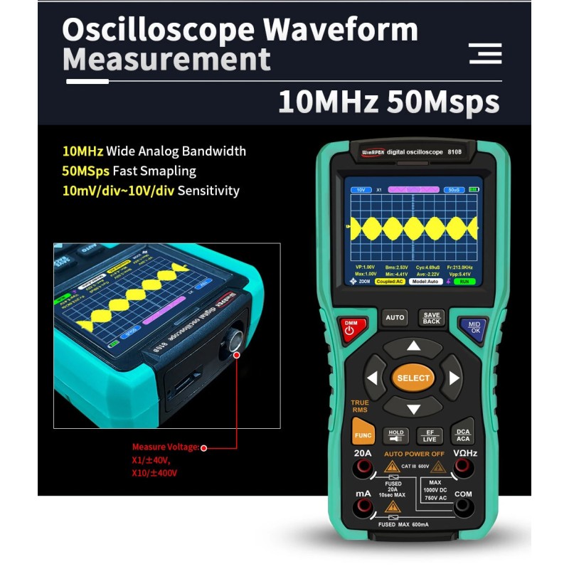WINAPEX kaksitoiminen digitaalinen oskilloskooppi ja yleismittari 10 MHz 50MSa/s 400V ylikuormitussuoja