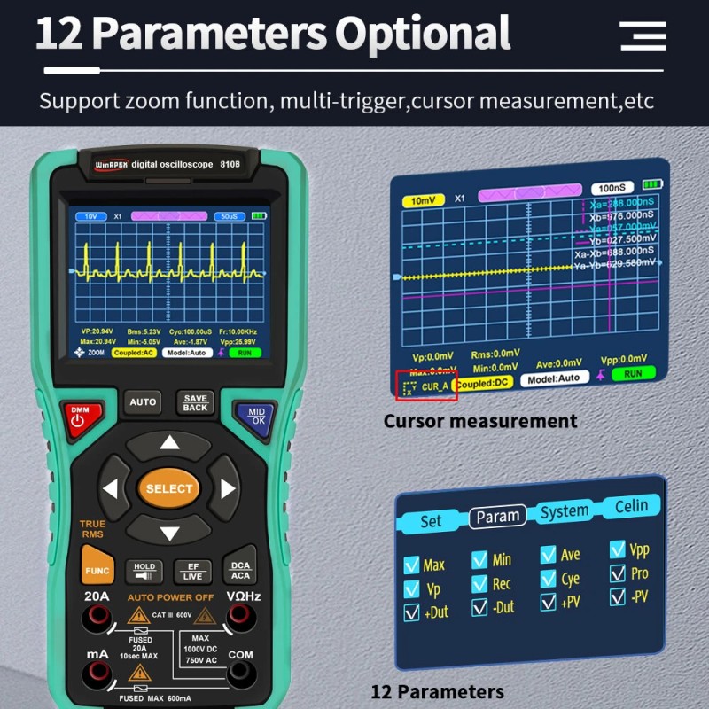WINAPEX kaksitoiminen digitaalinen oskilloskooppi ja yleismittari 10 MHz 50MSa/s 400V ylikuormitussuoja