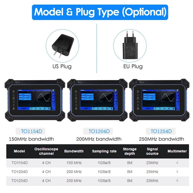 Hantek TO1254D 4-kanavainen oskilloskooppi ja yleismittari 250MHz 1GSa/s näytteenottotaajuus 7 tuuman näyttö
