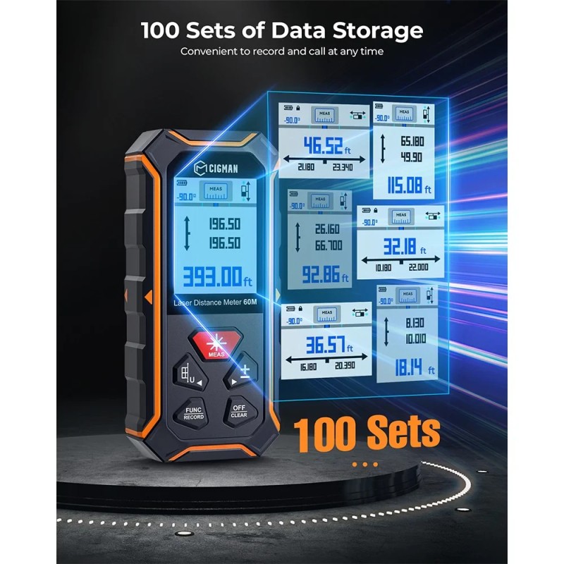 CIGMAN CD-60R kaksipuolinen lasermittari 120 m värillinen taustavalo C-tyypin ladattava IP54-suojattu tarkka
