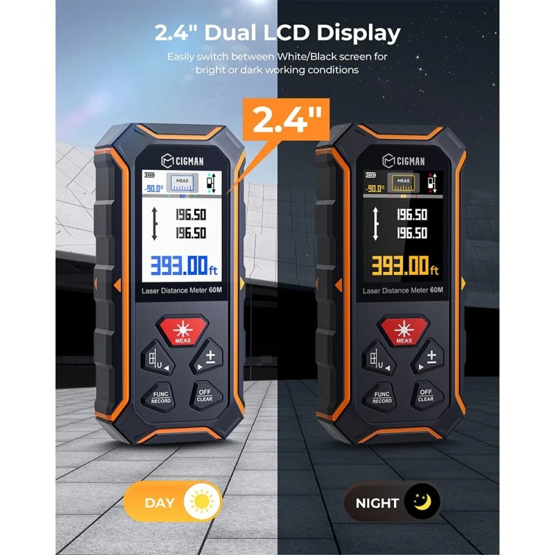 CIGMAN CD-60R kaksipuolinen lasermittari 120 m värillinen taustavalo C-tyypin ladattava IP54-suojattu tarkka