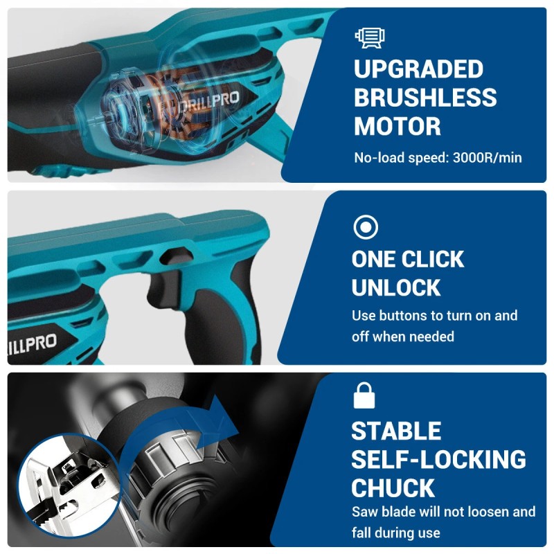 Drillpro harjaton vaihtosaha 18 V 3000 W säädettävä nopeus puu metalli muovi