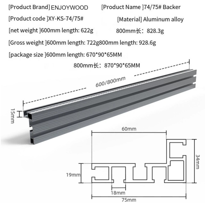 ENJOYWOOD 600/800 mm 75-tyyppi T-kisko pöytäaita jiirisahalle laserasteikolla
