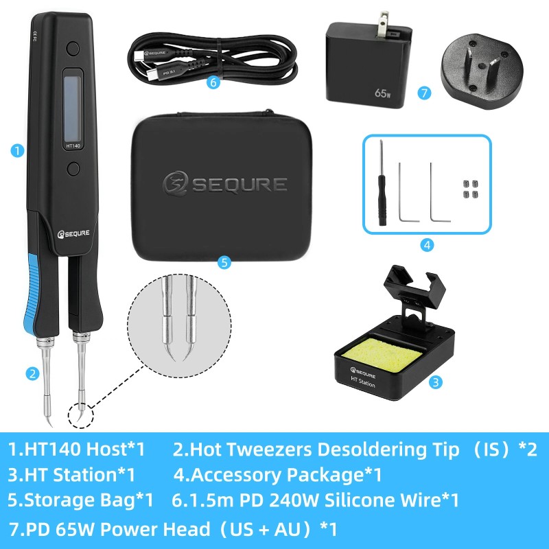 SEQURE HT140 kaksitoiminen kuumapinsetti ja juotinkolvi, kannettava, tukee PD/QC/DC, yhteensopiva C210-kärjen kanssa