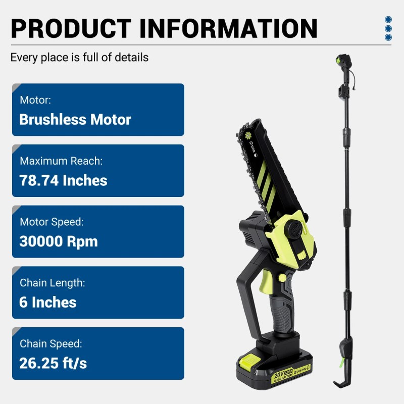 Drillpro akkukäyttöinen kaksitoiminen harjaton oksasaha kuusi tuuman teleskooppivarrella Worx 2.0Ah