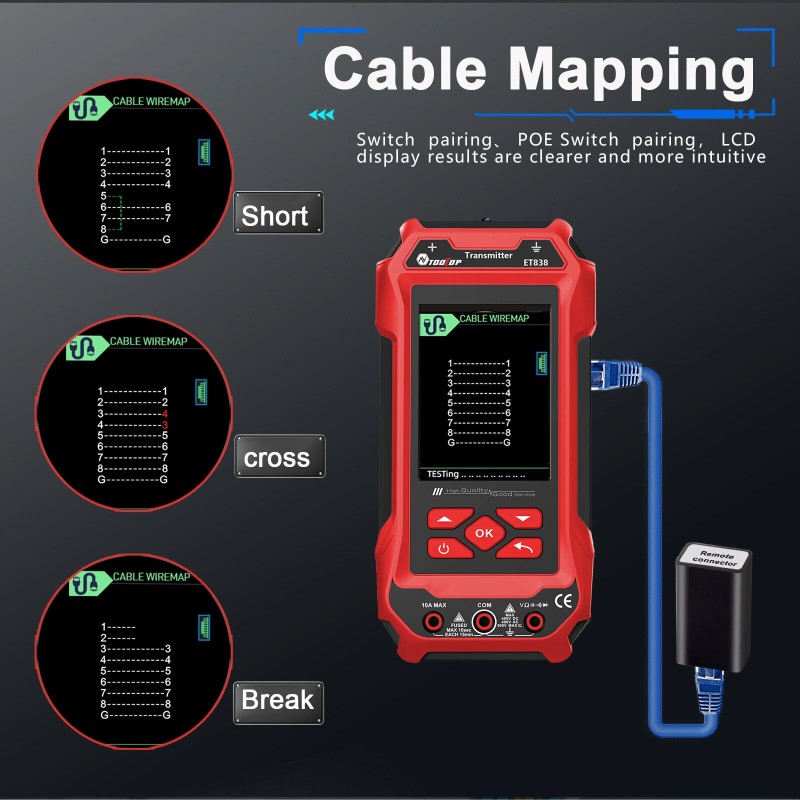 AV TOOLTOP ET836 ET838 verkkokaapelitesteri yleismittari 400V värinäyttö johtojen jäljitys ladattava akku