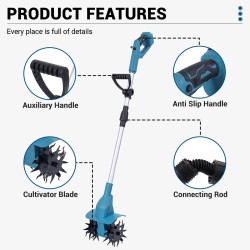 Drillpro sähköinen kultivaattori 21V 1500W harjaton moottori 150mm terä 150mm leikkuusyvyys kahdella akulla