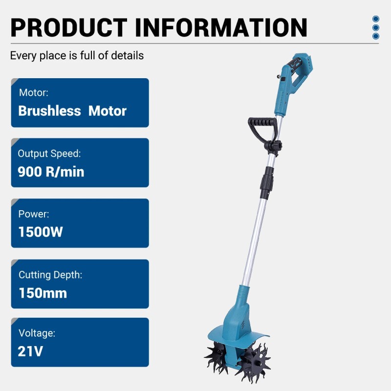 Drillpro sähköinen kultivaattori 21V 1500W harjaton moottori 150mm terä 150mm leikkuusyvyys kahdella akulla