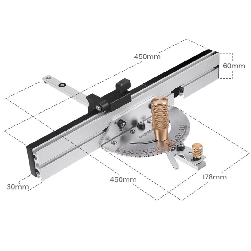 ENJOYWOOD messinkikahvainen 450 mm jiirimitta alumiiniprofiililla 27 asteen kulmalla pöytäsahalle