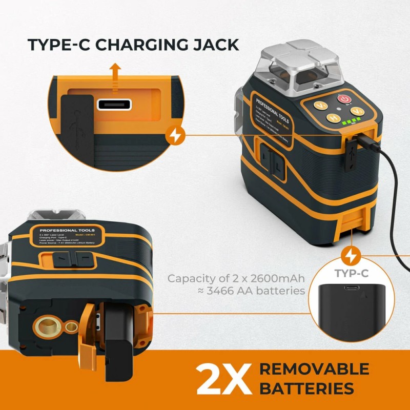 CIGMAN CM-801 3D 3x360° lasertaso kaukosäätö 2x2600mAh akut magneettinen L-kiinnike selkeät laserlinjat