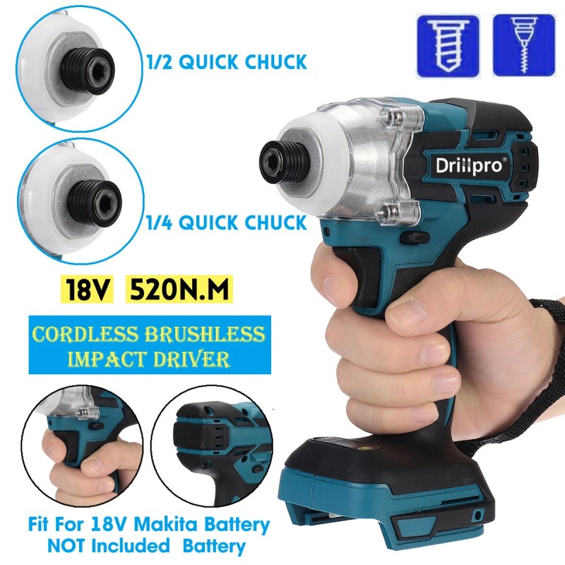 Drillpro harjaton iskuporakone ja sähköruuvinväännin 520 newtonmetriä sopii 18 voltin akuille portaattomalla nopeudensäätimellä