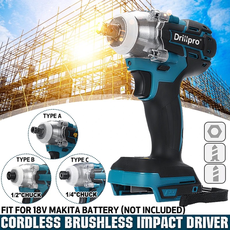 Drillpro harjaton iskuporakone ja sähköruuvinväännin 520 newtonmetriä sopii 18 voltin akuille portaattomalla nopeudensäätimellä