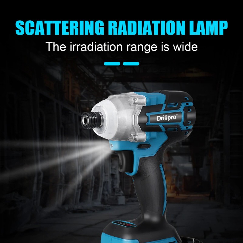 Drillpro harjaton iskuporakone ja sähköruuvinväännin 520 newtonmetriä sopii 18 voltin akuille portaattomalla nopeudensäätimellä