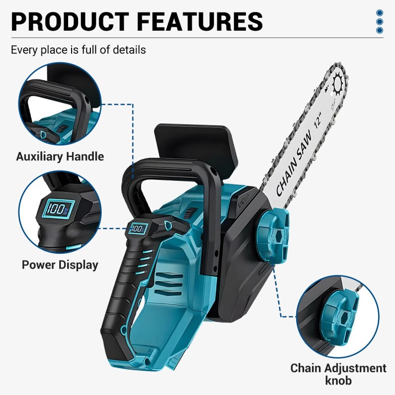 DRILLPRO 12-tuumainen harjaton akkukäyttöinen moottorisaha 1200 watin kevyt kannettava LCD-näyttö Makita-yhteensopiva