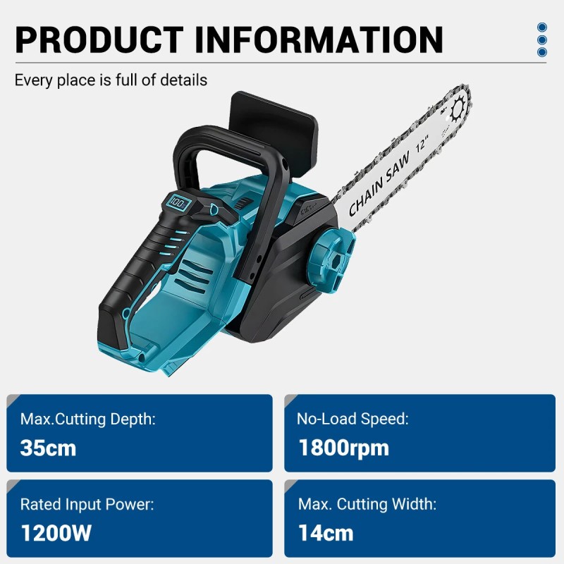 DRILLPRO 12-tuumainen harjaton akkukäyttöinen moottorisaha 1200 watin kevyt kannettava LCD-näyttö Makita-yhteensopiva
