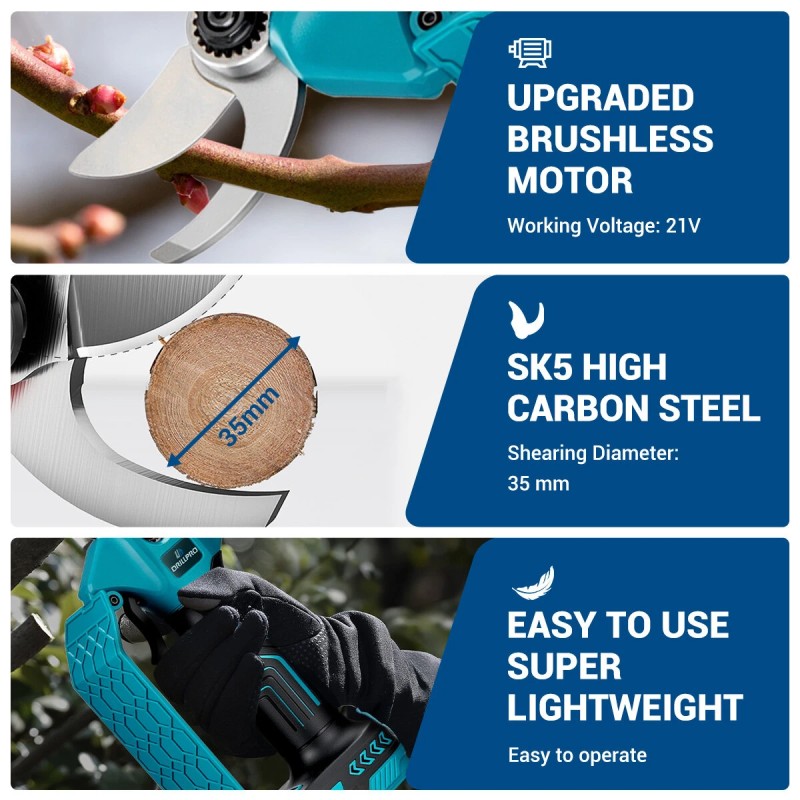 Drillpro 21V 800W sähköiset oksasakset 35mm leikkaushalkaisija Makita-yhteensopiva EU-pistoke