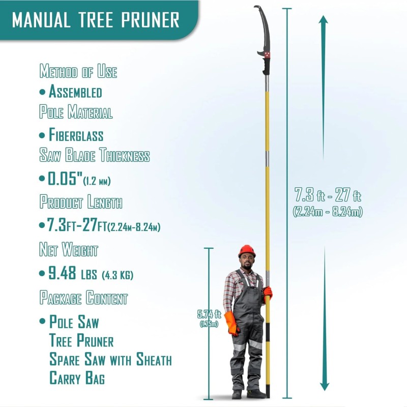 Säädettävä teleskooppivarsi oksasaha 2,24–8,24 metriä lasikuituvarsi seosteräs terä kantolaukku