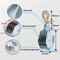 Kääntyvä 270 asteen köysipyörä koukulla sinkkiseos polyeteeniköysi käsikäyttöinen talja
