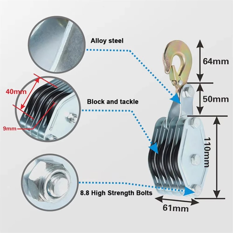Kääntyvä 270 asteen köysipyörä koukulla sinkkiseos polyeteeniköysi käsikäyttöinen talja