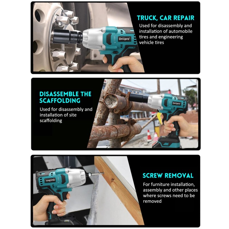 Drillpro 1/2 tuuman 2000 nm harjaton iskuavain akkukäyttöinen led-valolla 18 v