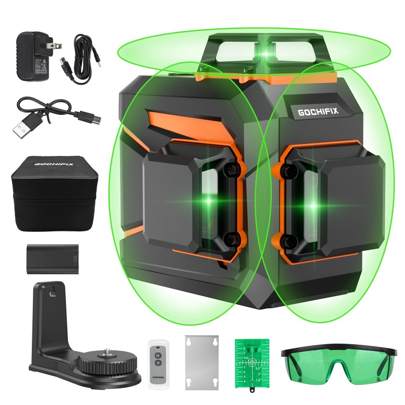 GOCHIFIX 3x360 12-linjainen 3D itsetasautuva vihreä lasertaso Sharp 520 ladattava 5,2Ah akku kaukosäätimellä