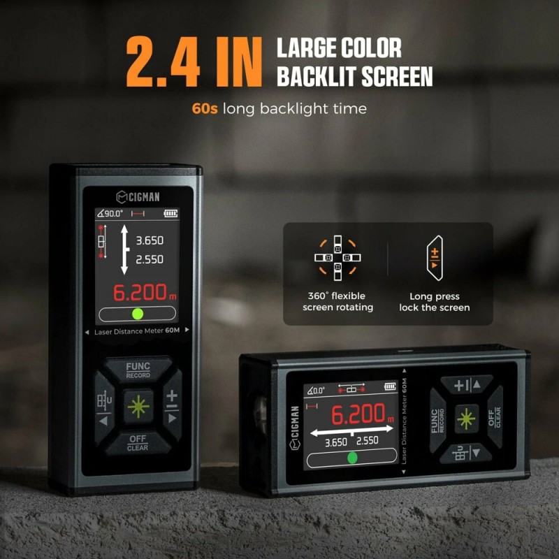 CIGMAN CD-60G kaksisuuntainen vihreä lasermittalaite 120 metrin korkean tarkkuuden 2,4 tuuman näytöllä