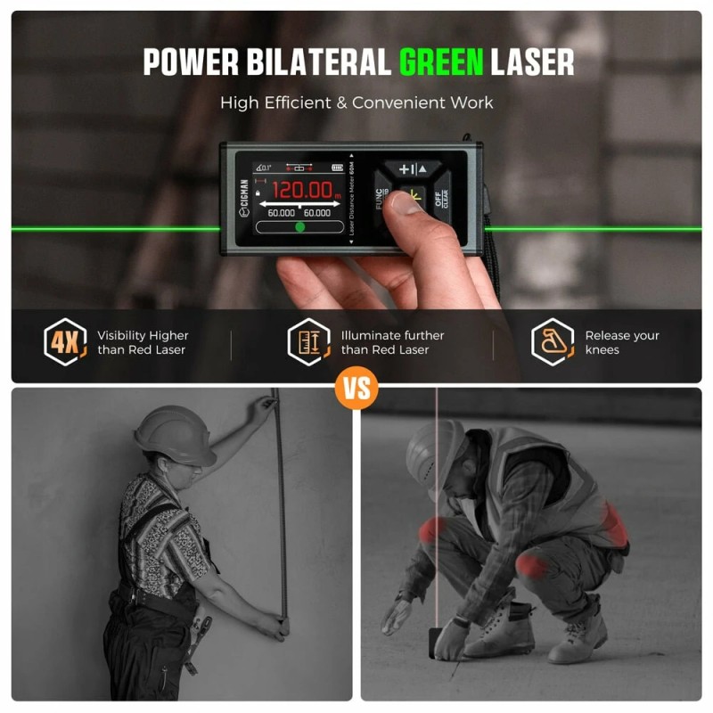 CIGMAN CD-60G kaksisuuntainen vihreä lasermittalaite 120 metrin korkean tarkkuuden 2,4 tuuman näytöllä