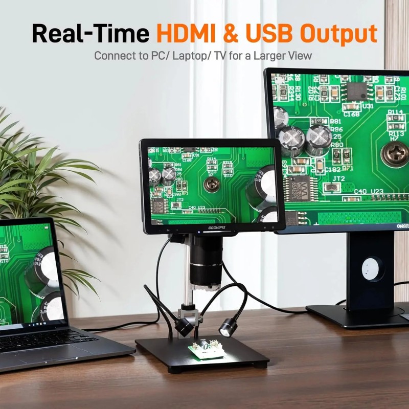 GOCHIFIX 10,1 tuuman 3-linssi 2K mikroskooppi 1000–2500x kolikkoihin ja juotostöihin