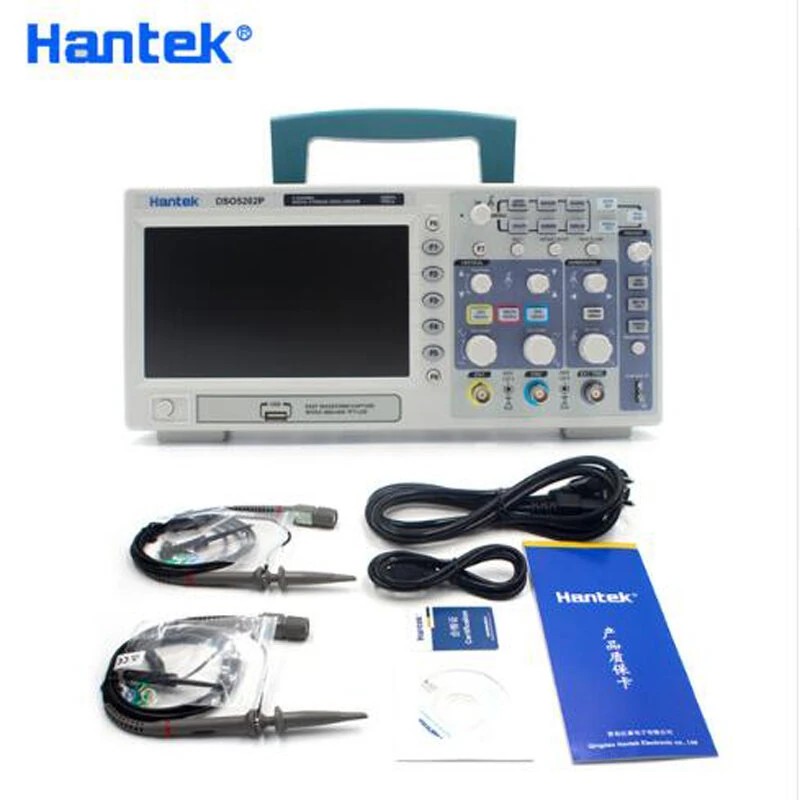 Hantek DSO5202P digitaalinen oskilloskooppi 200MHz 1GSa/s kaksikanavainen 7-tuuman värinäyttö USB-liitäntä FFT-analyysi