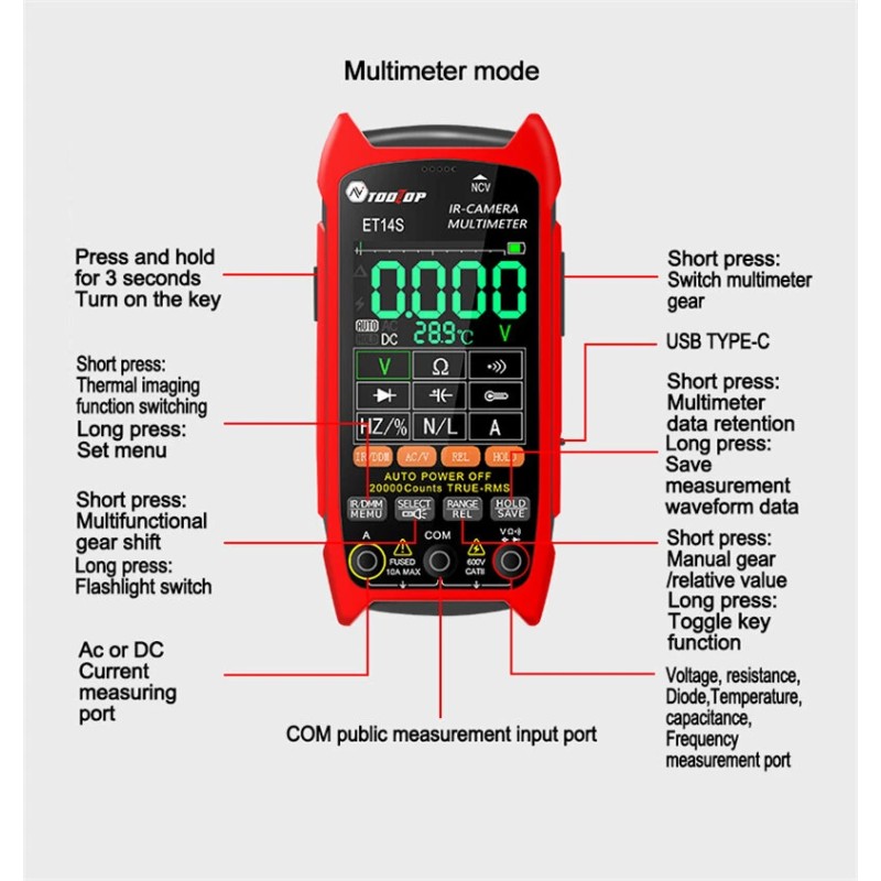 TOOLTOP ET14S/ET14SPRO lämpökamera-yleismittari ja piirikorttitesteri ISR 240x240 −20–+550°C 25Hz 1000V tasajännite 10A