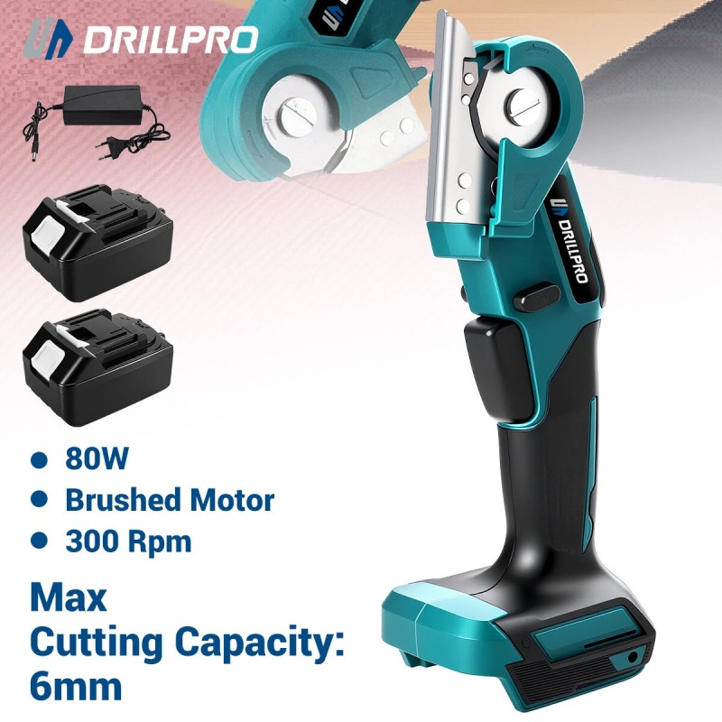 Drillpro sähkösakset 80-wattinen harjamoottori 6 mm leikkaus 2,5 Ah akku