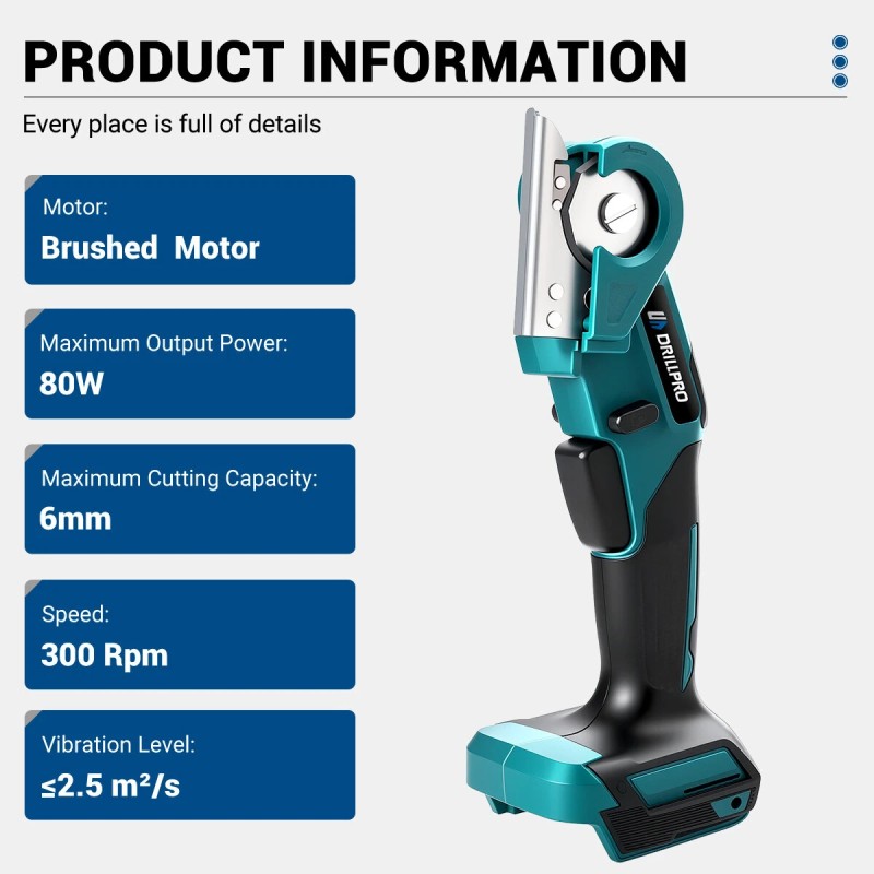 Drillpro sähkösakset 80-wattinen harjamoottori 6 mm leikkaus 2,5 Ah akku