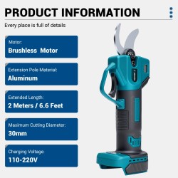 Drillpro akkukäyttöiset oksasakset harjaton moottori 30 mm leikkaushalkaisija 2 m alumiinijatkovarsi Makita 18V yhteensopiva