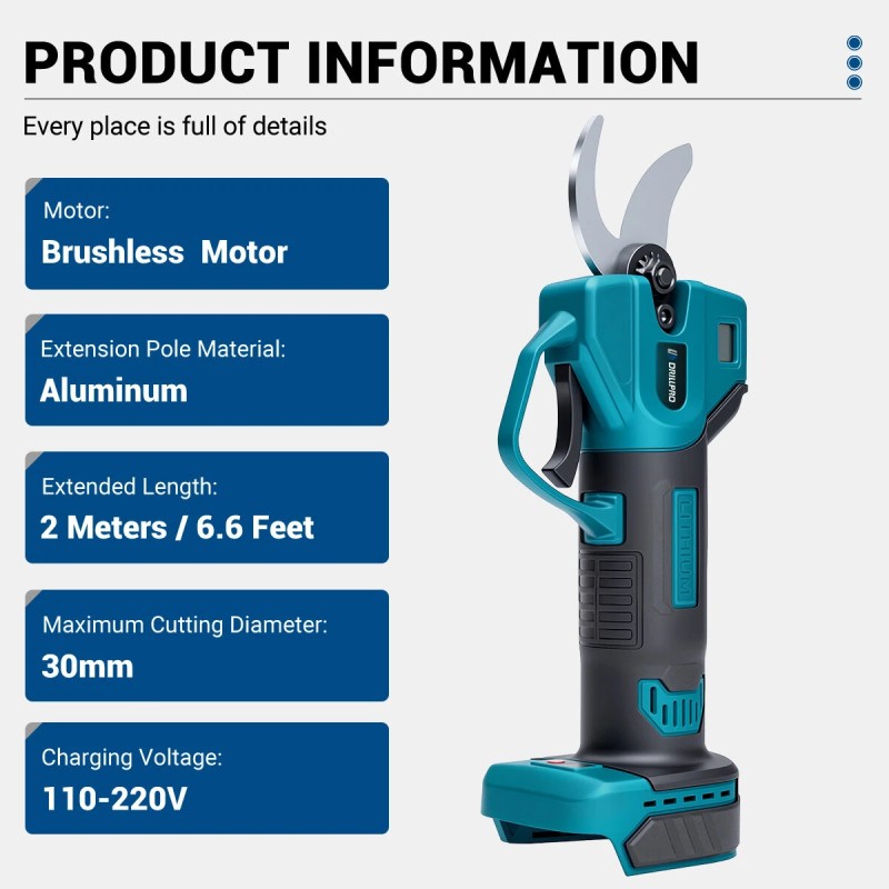 Drillpro akkukäyttöiset oksasakset harjaton moottori 30 mm leikkaushalkaisija 2 m alumiinijatkovarsi Makita 18V yhteensopiva