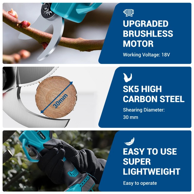 Drillpro akkukäyttöiset oksasakset harjaton moottori 30 mm leikkaushalkaisija 2 m alumiinijatkovarsi Makita 18V yhteensopiva