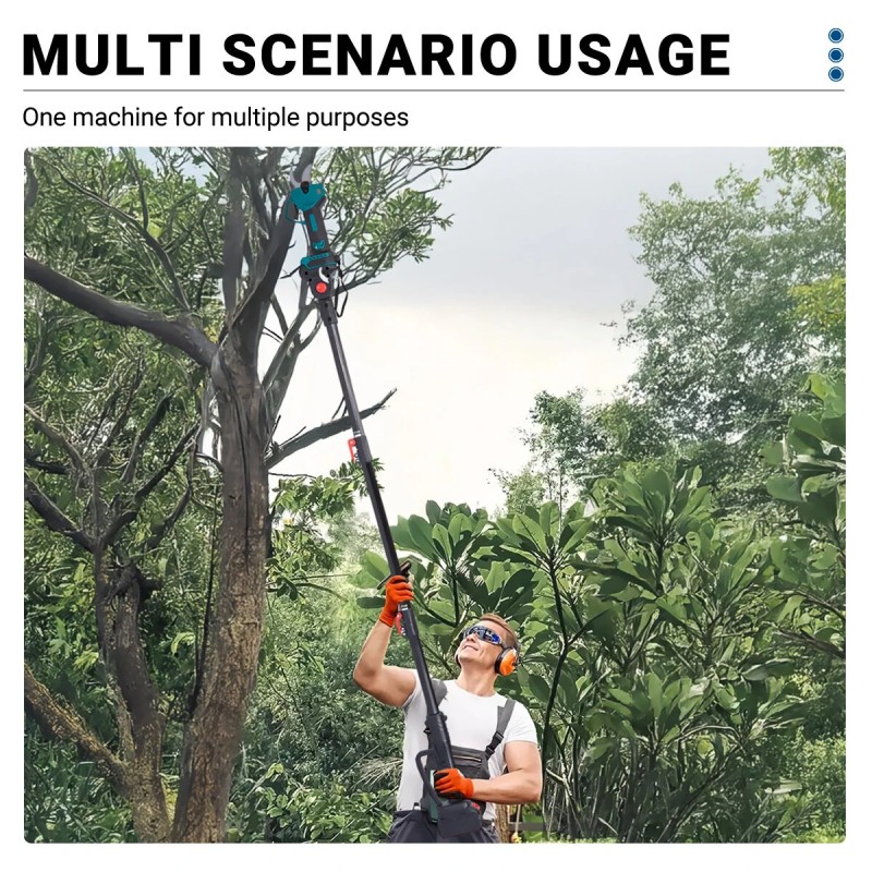 Drillpro akkukäyttöiset oksasakset harjaton moottori 30 mm leikkaushalkaisija 2 m alumiinijatkovarsi Makita 18V yhteensopiva