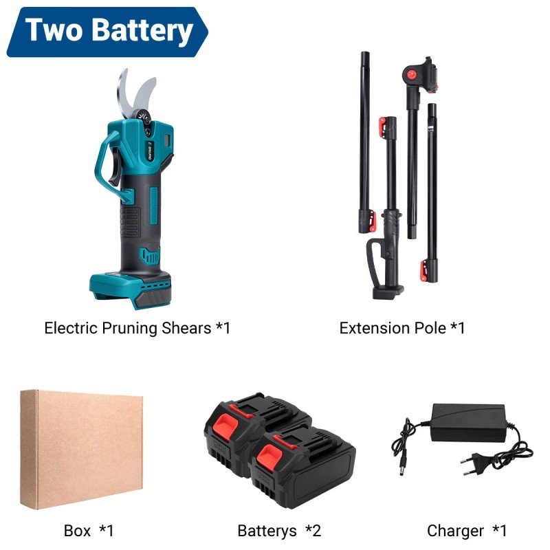 Drillpro akkukäyttöiset oksasakset harjaton moottori 30 mm leikkaushalkaisija 2 m alumiinijatkovarsi Makita 18V yhteensopiva