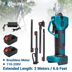 Drillpro akkukäyttöiset oksasakset harjaton moottori 30 mm leikkaushalkaisija 2 m alumiinijatkovarsi Makita 18V yhteensopiva