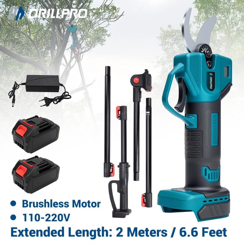 Drillpro akkukäyttöiset oksasakset harjaton moottori 30 mm leikkaushalkaisija 2 m alumiinijatkovarsi Makita 18V yhteensopiva