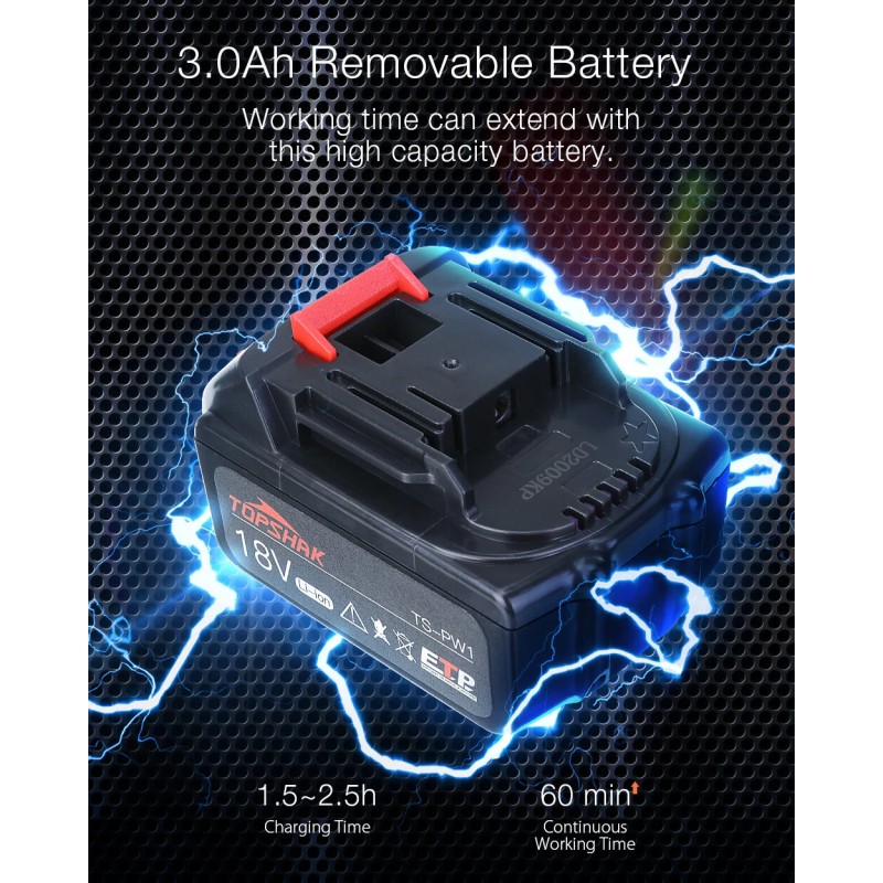 Topshak TS-PW1A 380 Nm harjaton iskuväännin kahdella akulla LED-työvalo